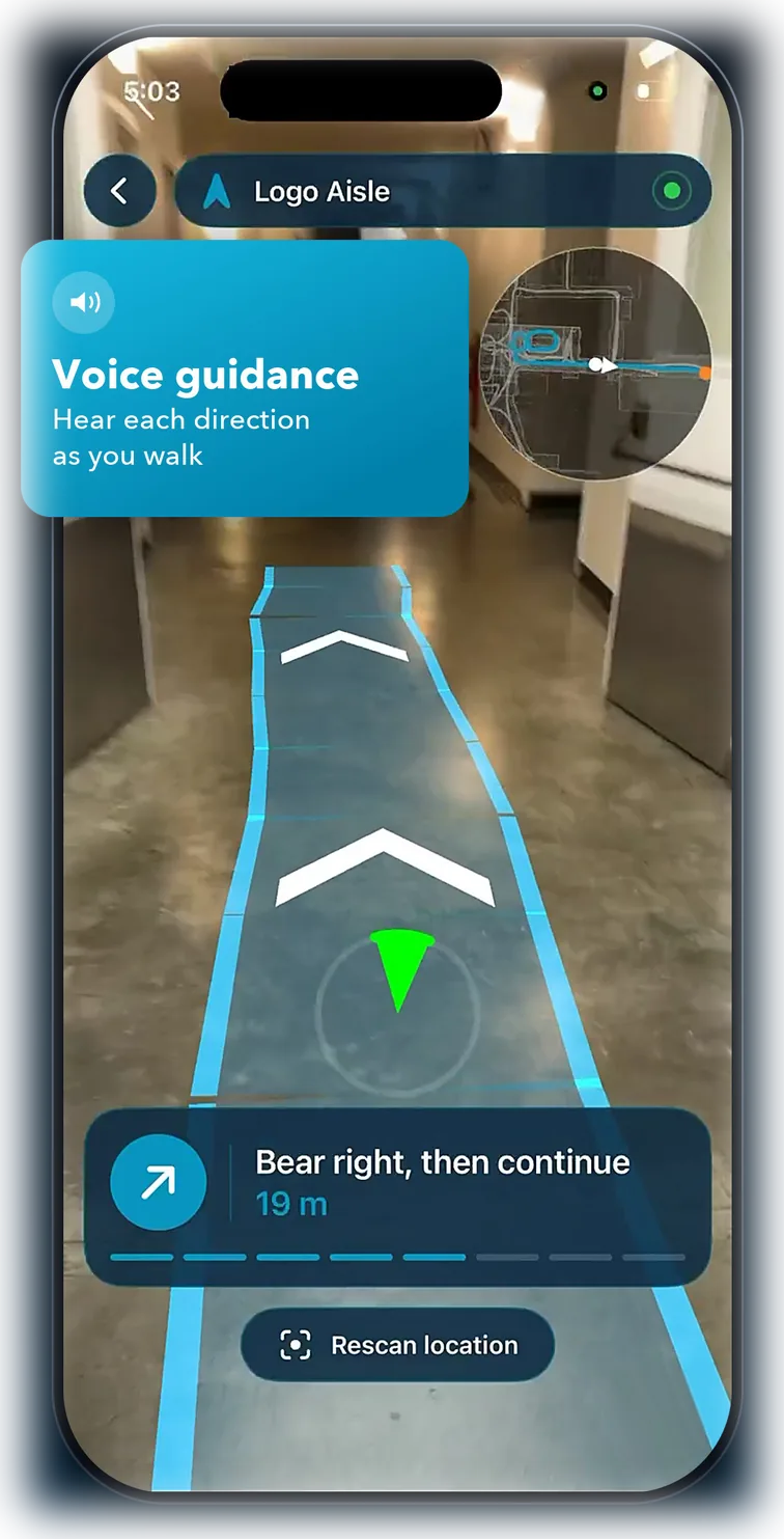 Seekr Nav on iPhone: a blue route drawn on a corridor floor, with the direction “Bear right, then continue, 19 m”.